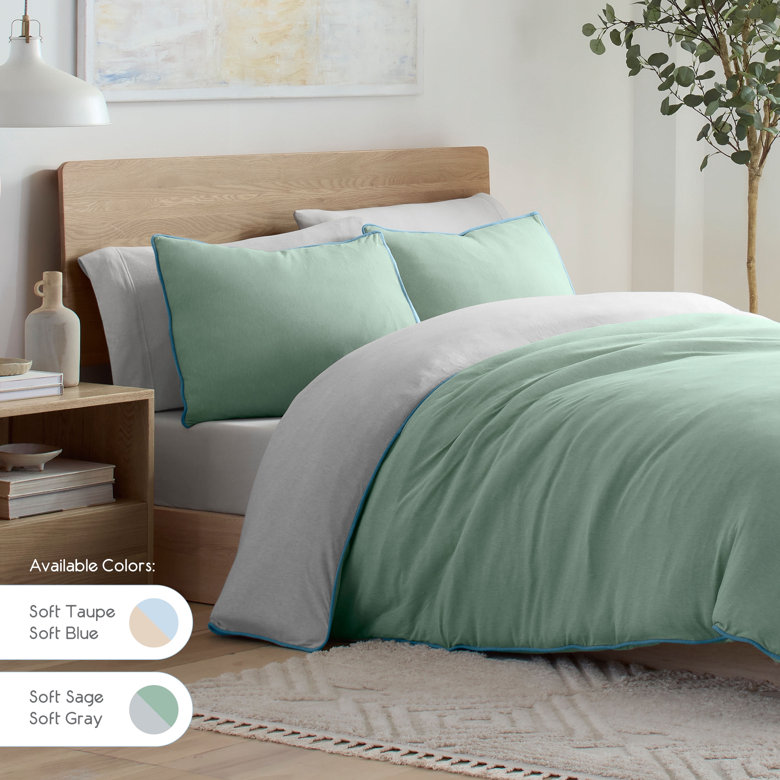 Vellux Jersey Knit 3-Piece Comforter Set, Cotton Blend, Queen, Sage/Gray