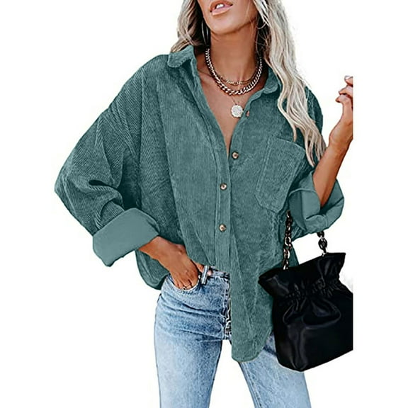 VEKDONE 2023 Clearance Women Casual Corduroy Shirt Oversize Ladies Shacket Jacket Long Sleeve Button Down Boyfriend Blouse Open Front Coat Top