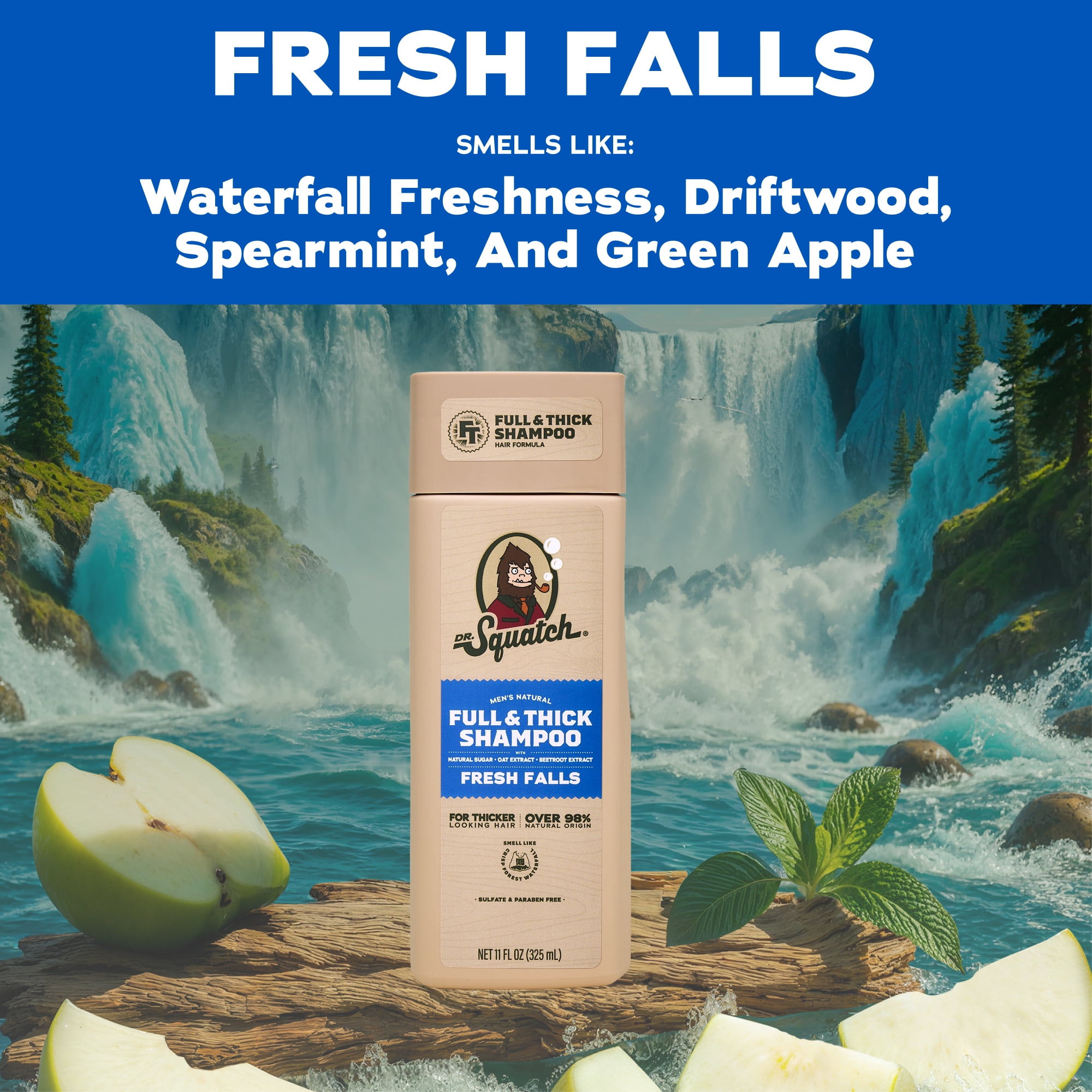 Dr. Squatch Full & Thick Mens Hydrating Shampoo, Thickening Natural Sulfate Free Shampoo for Men, Fresh Falls, 11 fl oz