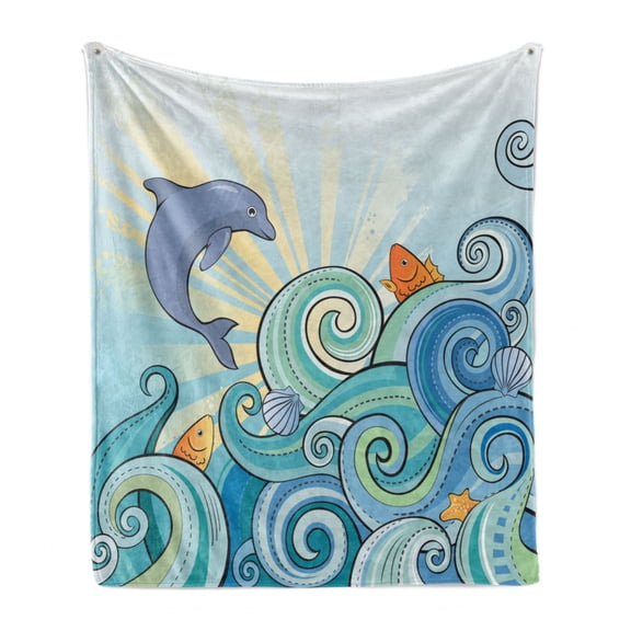 Sea Animals Soft Flannel Fleece Throw Blanket, Dolphin Fish Starfish Shells in Ocean Marine in Summer Pattern Print, Cozy Plush for Indoor and Outdoor Use, 60" x 80", Multicolor, by Ambesonne