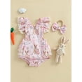 thumbnail image 2 of aturustex Toddler Baby Girls Easter Romper Outfits 0 3M 6M 12M 18M Infant Flower Bunny Print Overalls Lace Trim Flying Sleeve Bodysuits Square Neck Ro Clothes Set Beachwear for Holiday Party, 2 of 6