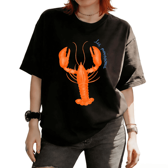 Orange Lobster Les Poissons Graphic Timeless Versatile Tees T-shirt Tops Short Sleeve Round Neck Black S-5XL