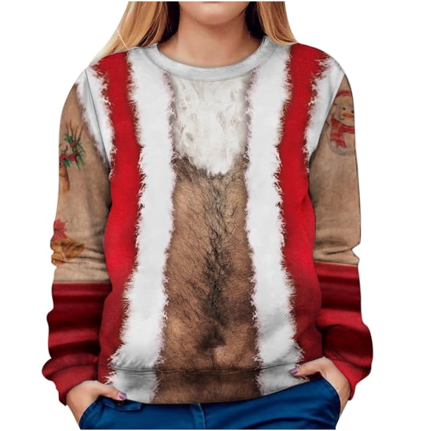 Sudadera ligera de cuello redondo con estampado digital de Navidad para mujer Tops cómodos Pompotops gfhjh14848