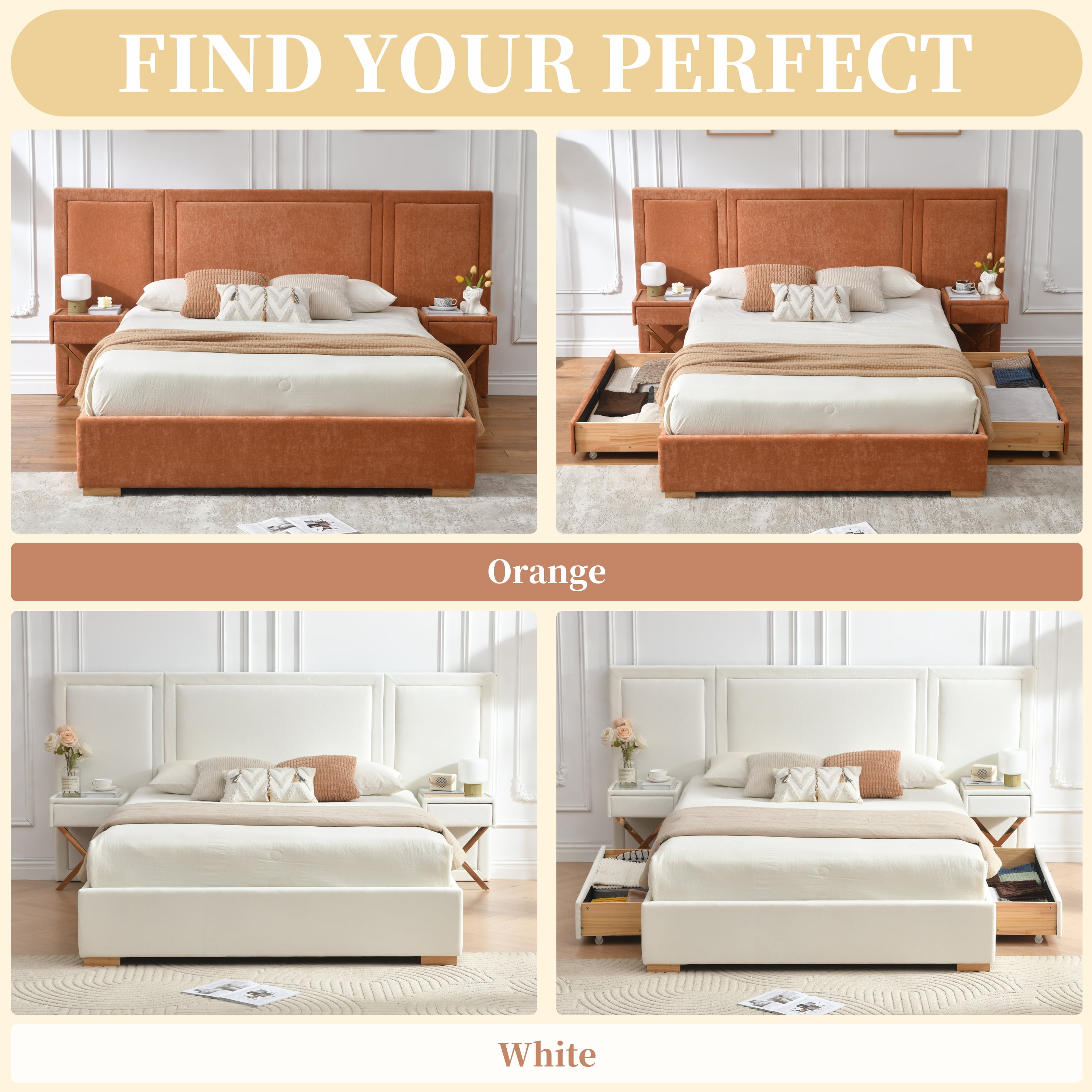 Queen Size Upholstered Platform Bed Frame, Bed Frame with Storage, Velvet Headboard with Built-in Nightstands & Drawers, No Box Spring Needed, Wooden Slats Support, Noise-Free, Easy Assembly, White