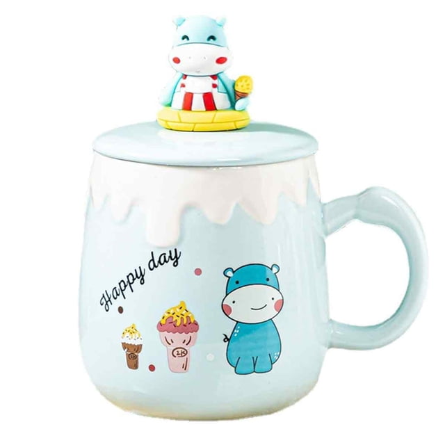 Taza de cerámica de 350ml, cuchara con forma de corazón para niña, taza con tapa, taza de café creativa para desayuno en el hogar de gran capacidad con dibujos animados