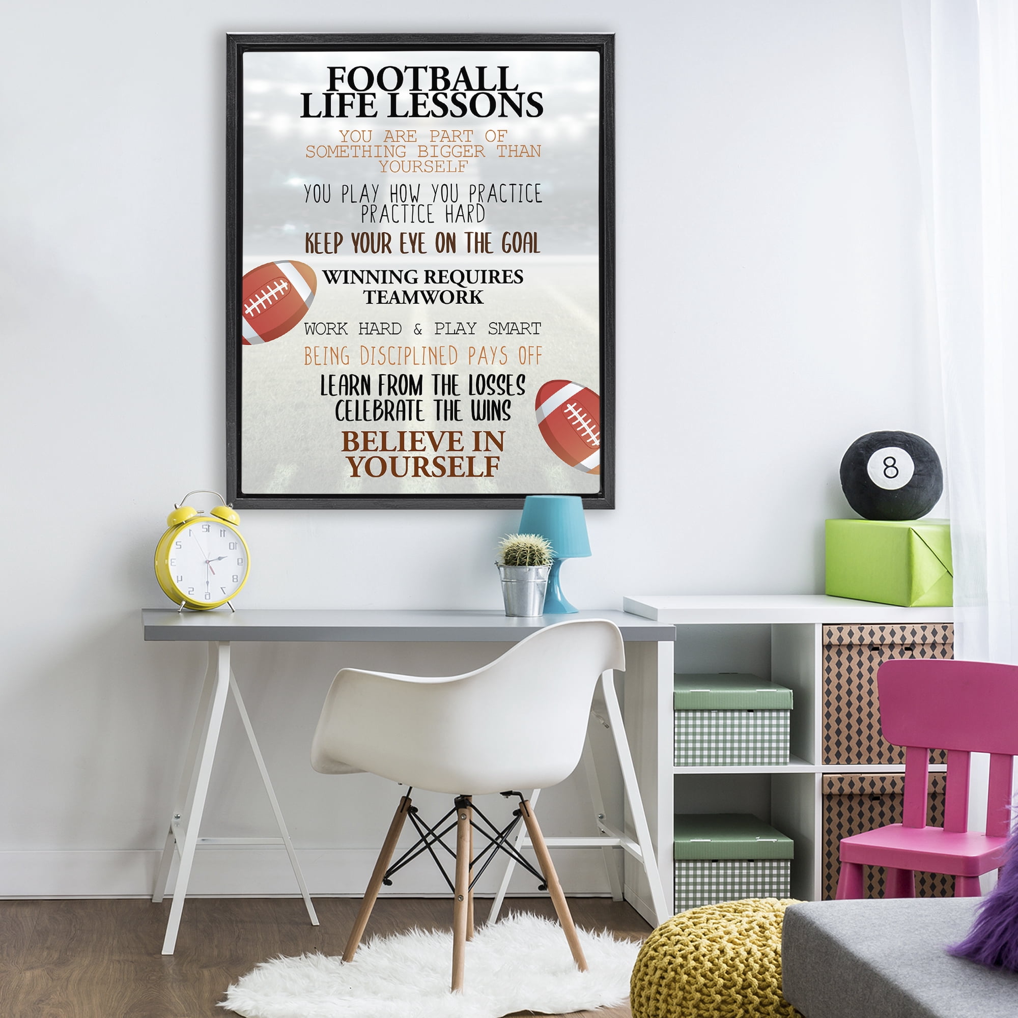 Football Life Lessons Black Framed Floater Canvas Wall Art, design by Kim Allen