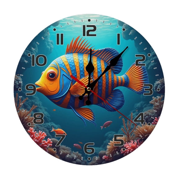 Fish Underwater Wall Clock 10 Inch Silent Non Ticking Round Wooden Clock Decoration for Living Room Kitchen Bedroom Bathroom Office Classroom