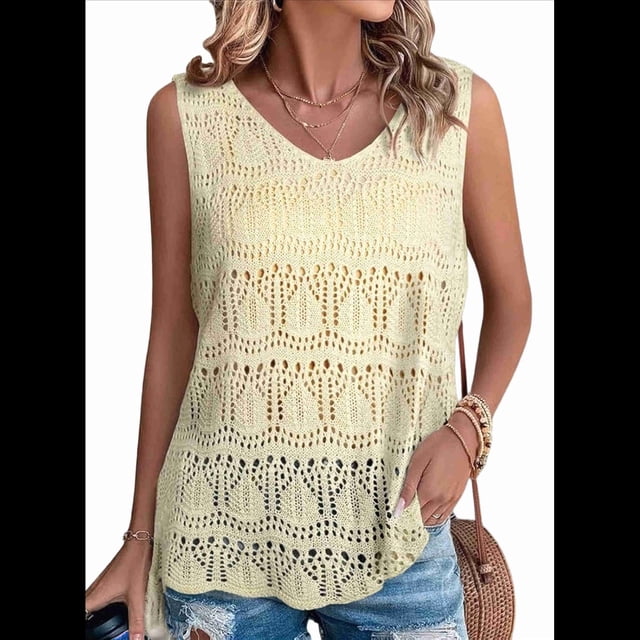 Camiseta de Tirantes de Verano para Mujer, , con Cuello en V, de Crochet, Sin Mangas, Tipo Suéter, Color Beige, Talla XL