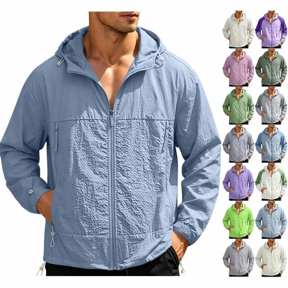 BiZtdJrK Zip Up Sun Protection Hooded Jacket for Men Outdoor Lightweight UPF 50 Windbreaker Fashion Color Block Long Sleeve Hiking Tops Purple XXL