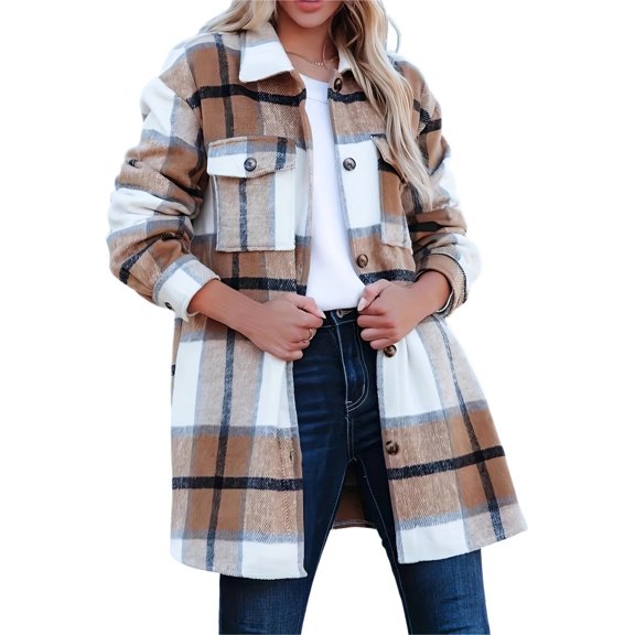 joyinspring Women's Plaid Long Sleeve Coat Jacket Fall Loose Fit Button Design with Pockets Fashionable Spring