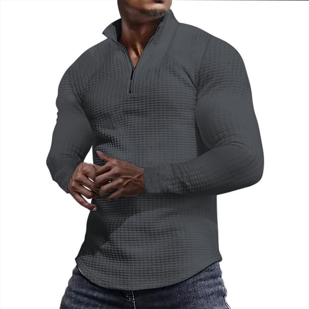 Blusa y camisa de manga larga con cuello alto para hombre, moda de color liso, media cremallera, blusa de manga larga con cuello alto, blusa de poliéster para hombre