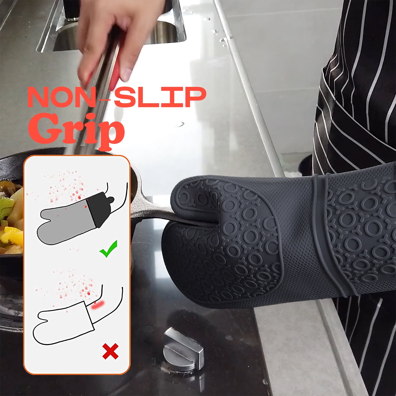 BPA-Free Soft Silicone Oven Mitts - Ultra Heat Resistant Oven Mitts with Thick Cotton Liner - Extra Long Slip Resistant Pot Holders, Flexible Oven Gloves - Gray 14.7"