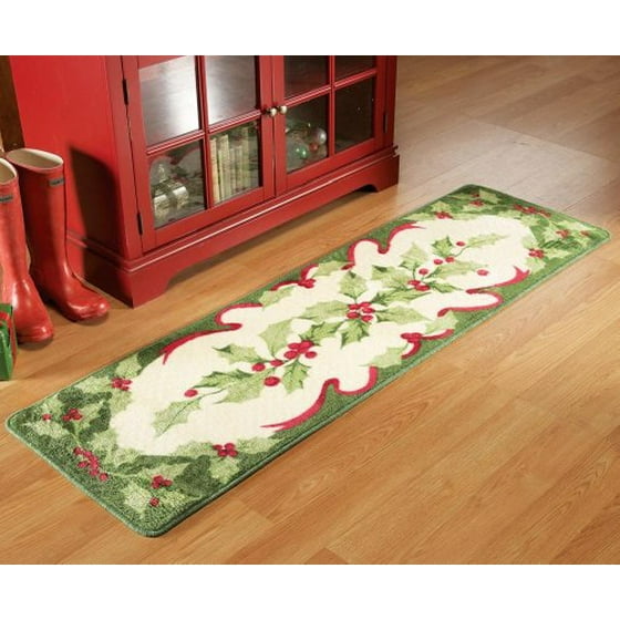 Non Skid Holiday Holly Floor Runner Area Rug 18 Inches X 6