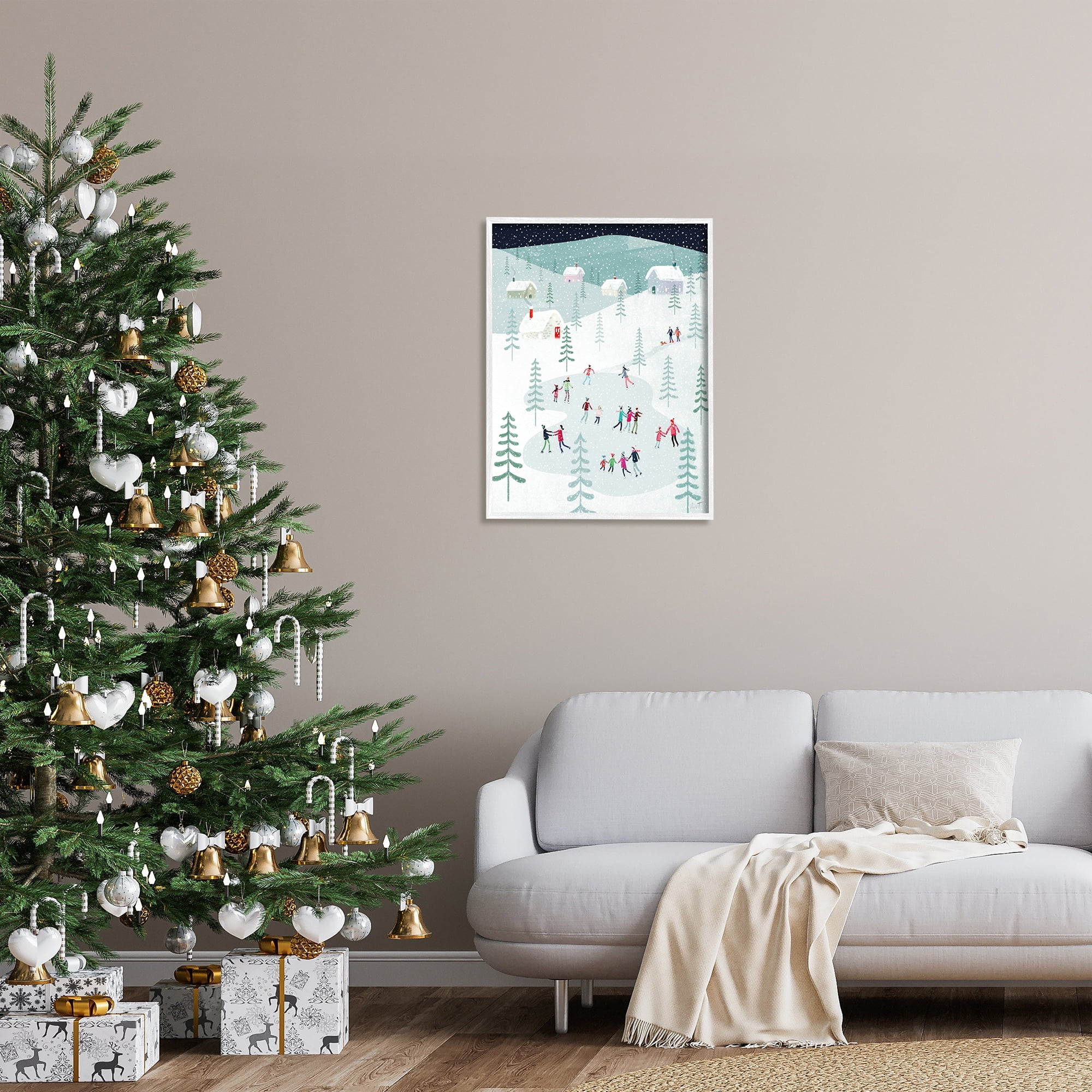 Stupell Industries Ice Skating Families Snowfall Holiday Painting White Framed Art Print Wall Art