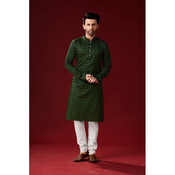 Men's Dark Green Color Indian Traditional Wear Tunic Cotton Kurta Pajama Set