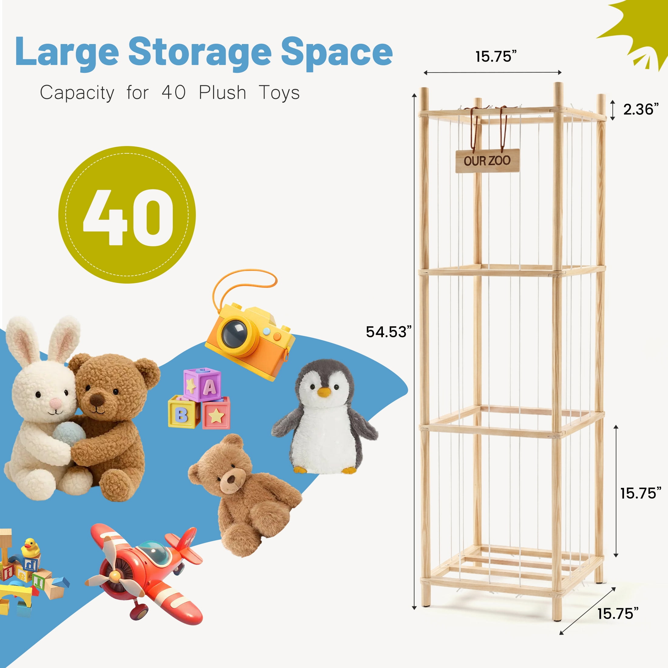 EDX Large Stuffed Animal Storage Organizer for Kids, Wooden Toy Storage Holder, Space Saving Toy Zoo for Playroom, Bedroom, Nursery & Kids Room, Natural
