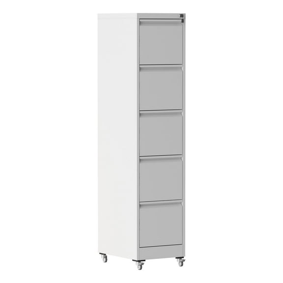 5 Drawer Metal Vertical File Cabinet with Lock on Wheels for Home Office,Heavy Duty Metal Storage Cabinet for A4/Letter/Legal Size Files, White, 17.71"D*15.16"W*64.17"H