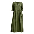 thumbnail image 4 of Ayolanni Fall Dresses for Women V Neck Cotton 3/4 Sleeve A-Line Maxi Dresses Flowy Solid Daily Side Slit Long Dress with Pockets Green L, 4 of 7
