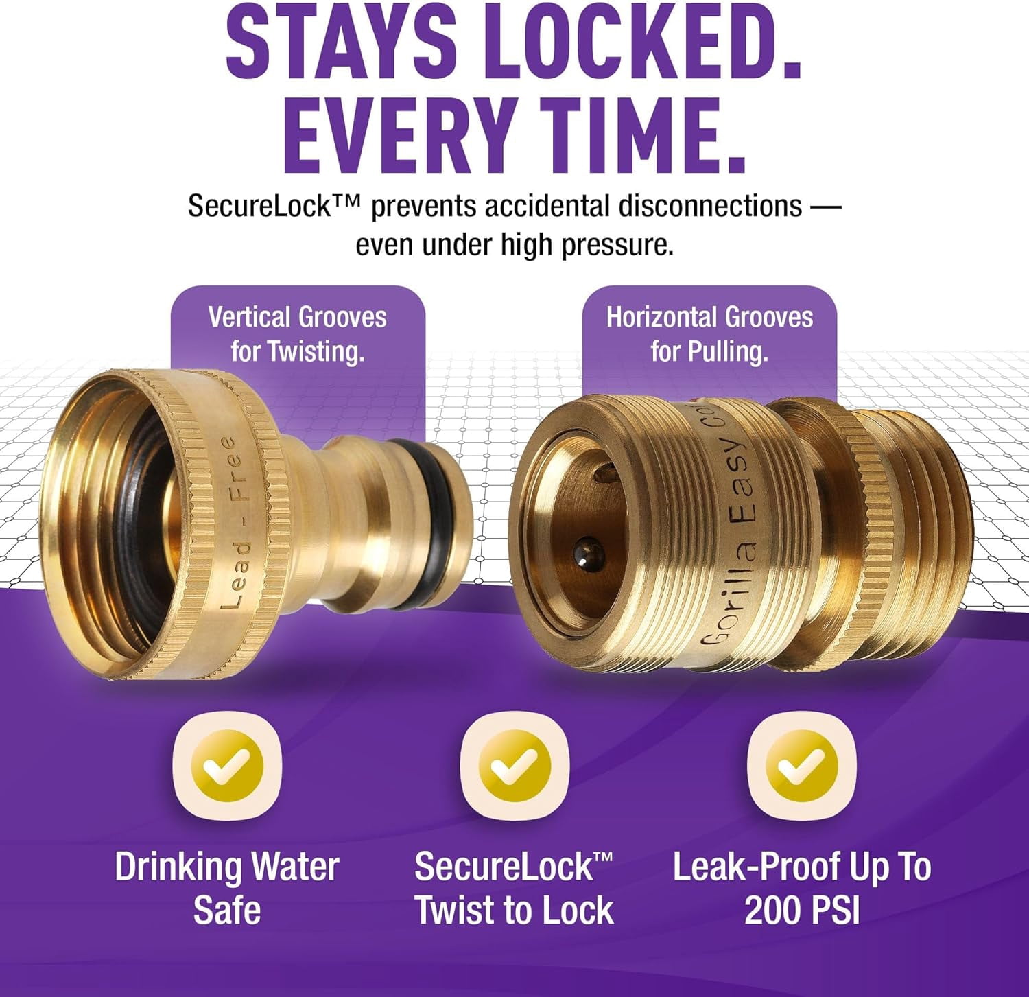 GORILLA EASY CONNECT Low Lead Locking Garden Hose Quick Connect Fittings ¾ Inch GHT Solid Brass Leak Proof to 200 PSI Heavy Duty