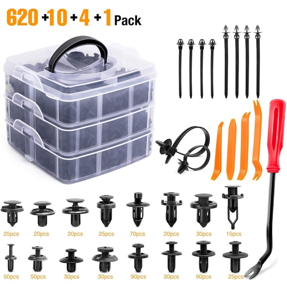 GOOACC 635 Pieces Car Push Retainer Clips & Fasteners, 16 Sizes, with 10 Cable Ties, Nylon