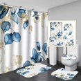 thumbnail image 1 of Juego de 4 cortinas de ducha de eucalipto, cortina de ducha de tela blanca impermeable, alfombrillas de baño antideslizantes, alfombras de baño, plantas de acuarela, hojas azules y doradas,, 1 of 7