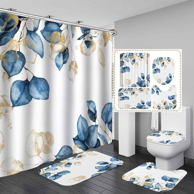 Juego de 4 cortinas de ducha de eucalipto, cortina de ducha de tela blanca impermeable, alfombrillas de baño antideslizantes, alfombras de baño, plantas de acuarela, hojas azules y doradas,