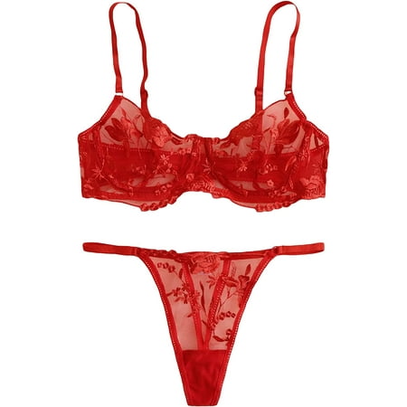 

ZWQIANWEXFED Women s Floral Embroidered Mesh Sheer Underwire Lingerie Set Bra and Panty Sets