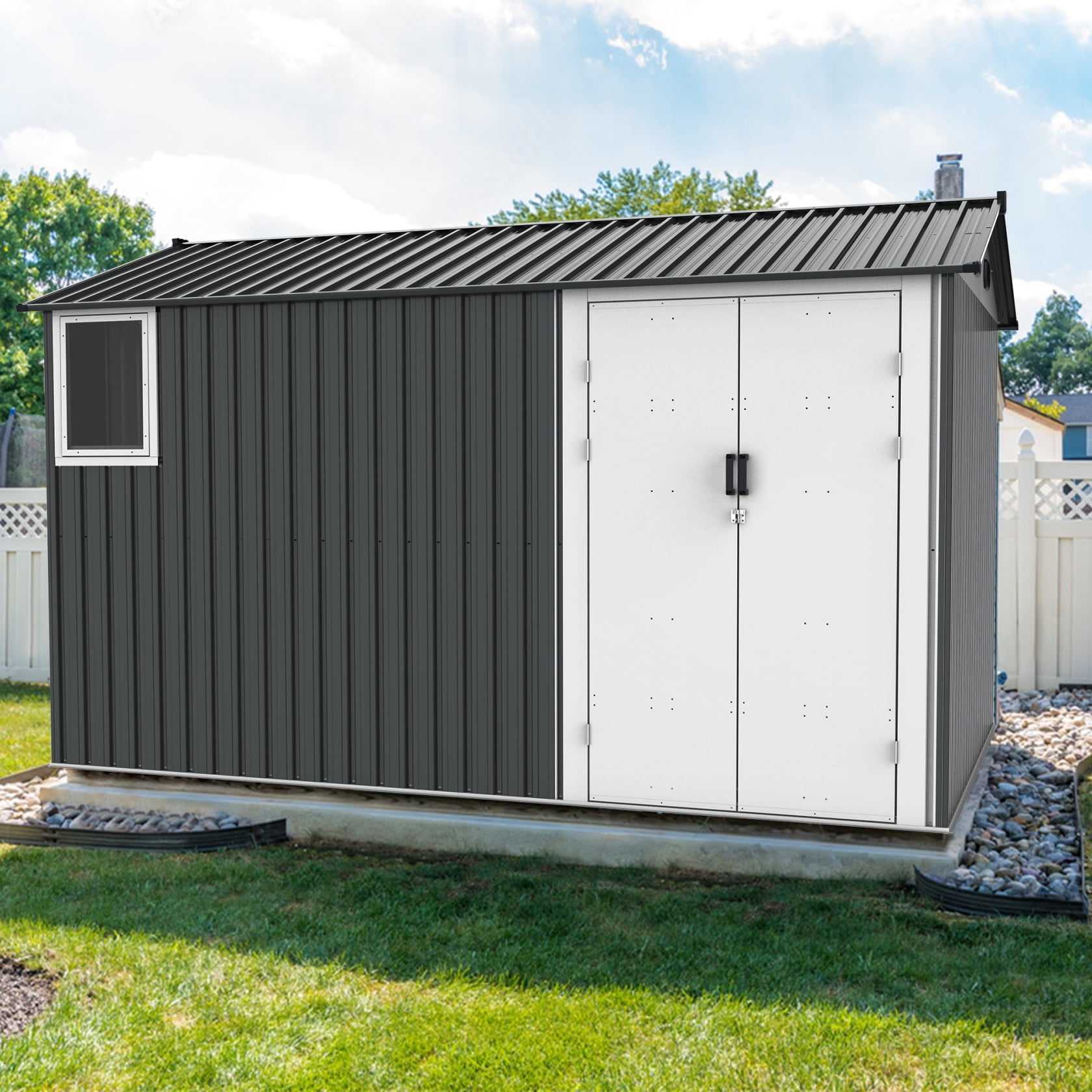 Miekor Furniture 8x12 Ft Metal Outdoor Storage Shed with Window, Floor Base, Air Vents and Double Hinged Door 99475