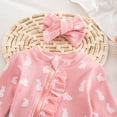 thumbnail image 4 of mgoYE Newborn Baby Girl Easter Outfit Ruffle Bunny Print Romper Waffle Jumpsuit Coming Home Outfit with Headband(Pink,0-3 Months), 4 of 7