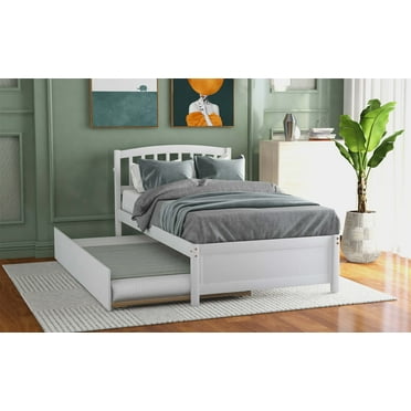 Twin Platform Bed with Trundle, Minimalistic Stylish Wood Bed Frame, Easy to Install,White