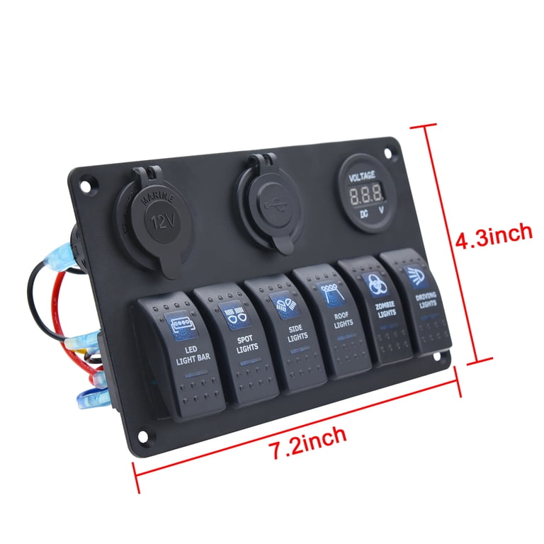 12V Blue LED 6 Gang Rocker Switch Panel With USB & Voltmeter – For Car, Truck, Boat, Marine