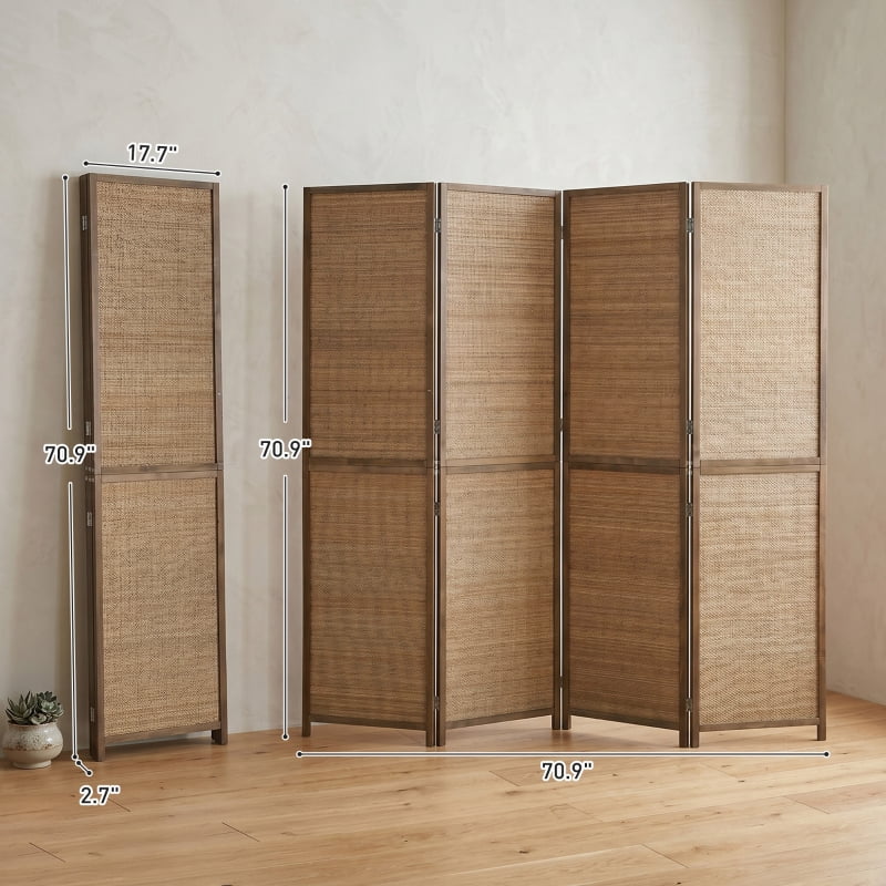 Alvantor 4-Panel Folding Privacy Screen, Freestanding Bamboo Room Divider with Open-Weave Design 63"x70.9" Brown