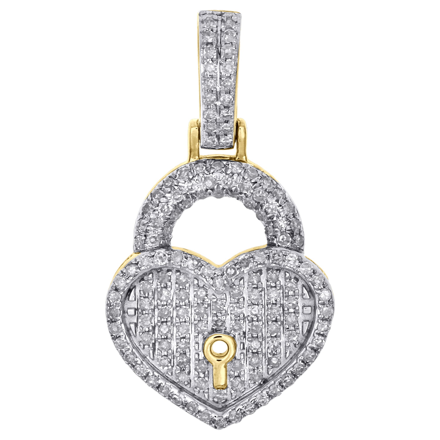 10K Yellow Gold Ladies Diamond Key to Heart Pendant 1.05&quot; Pave Love Charm 1/2 CT