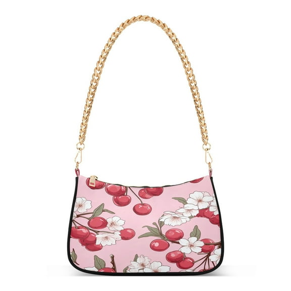 Ryvnso Cherry and Flowers Pink Womens Chain Shoulder Bag Tote Handbags Clutch Hobo Purse with Zipper for Travel