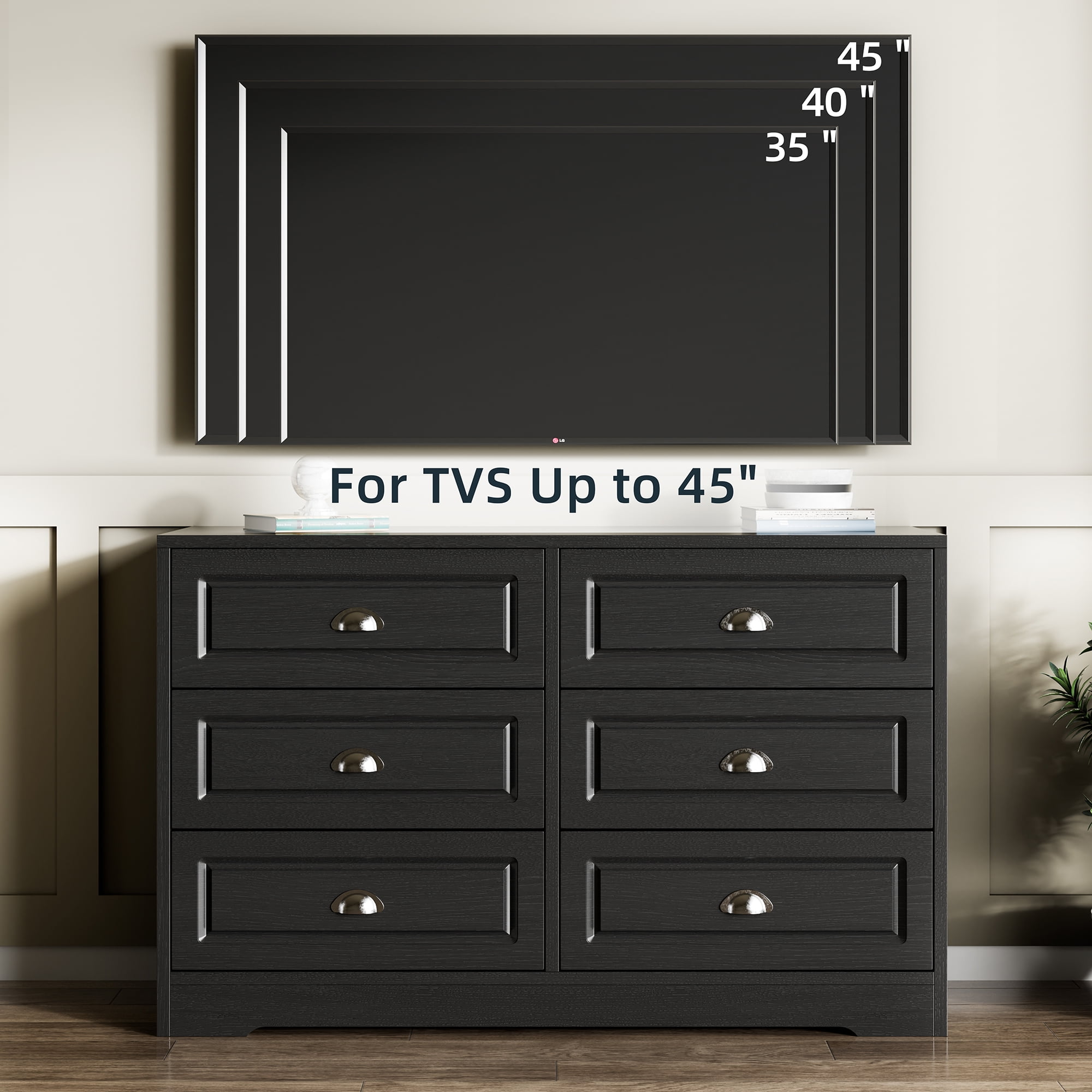 Walsunny 6 Drawer Wooden Dressers for Bedroom Adult with Metal Handles Modern Chest of Dresser Organizer Wood Storage Cabinet Black