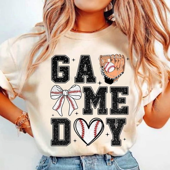 Baseball Mama Game Day T-Shirt, Coquette Baseball Bow Shirt, Sublimation Baseball Mom Tee, Cute Brushstroke Game Day Shirt