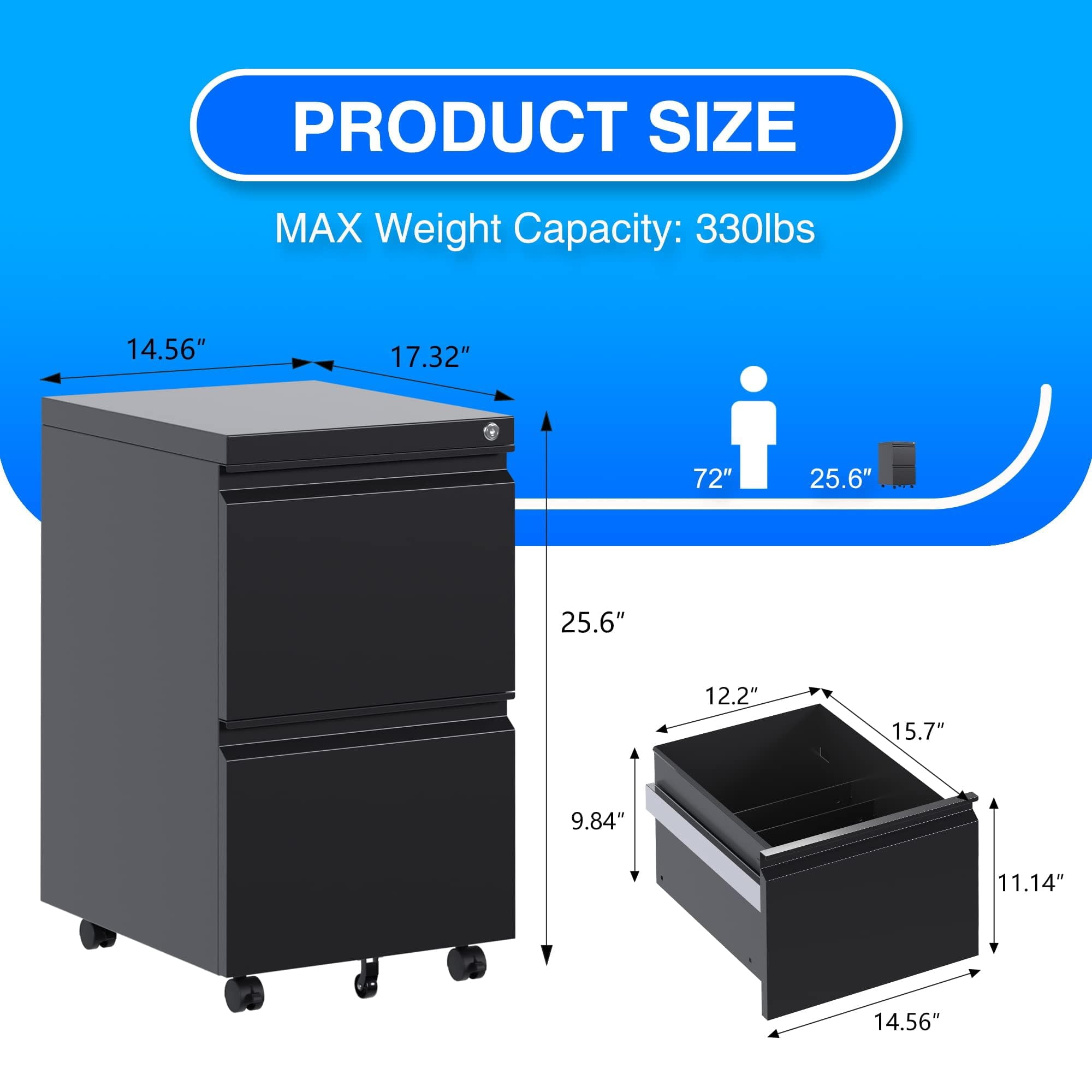 Gaeanet 2 Drawer File Cabinet, Lockable Metal Filing Cabinet with Wheels for Home Office, Legal/Letter Size, Black,Fully Assembled Except Wheels