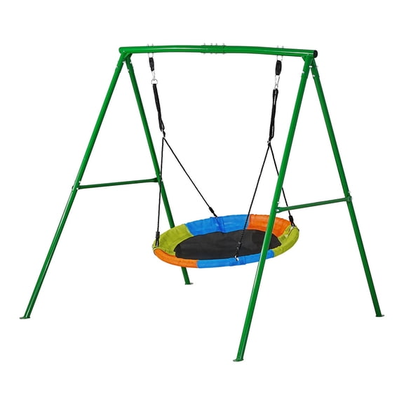 VEVOR Swing Set for Backyard, 40 in Saucer Swing Seat with Heavy Duty A-Frame Metal Stand, 440 lbs Load Capacity, Reinforced with Spiral Ground Anchors, Swingset Outdoor for Kids, Green and Colorful
