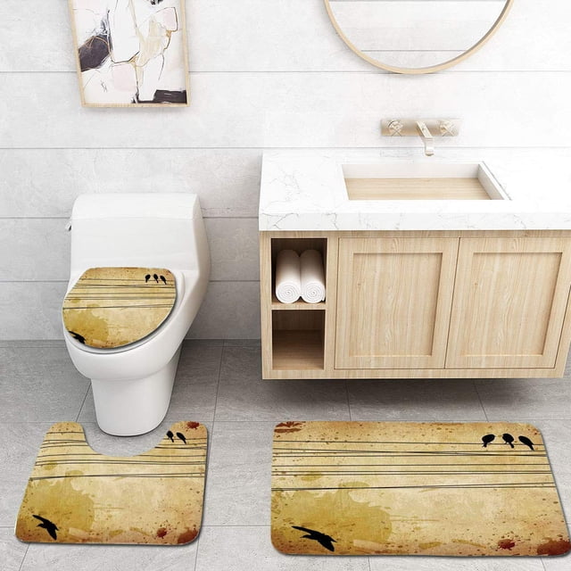ABPHQTO Cables de pájaros y pájaros en manchas de pintura de estilo de papel vintage Juego de alfombras de baño de 3 piezas Alfombra de baño Alfombra de contorno y tapa de inodoro