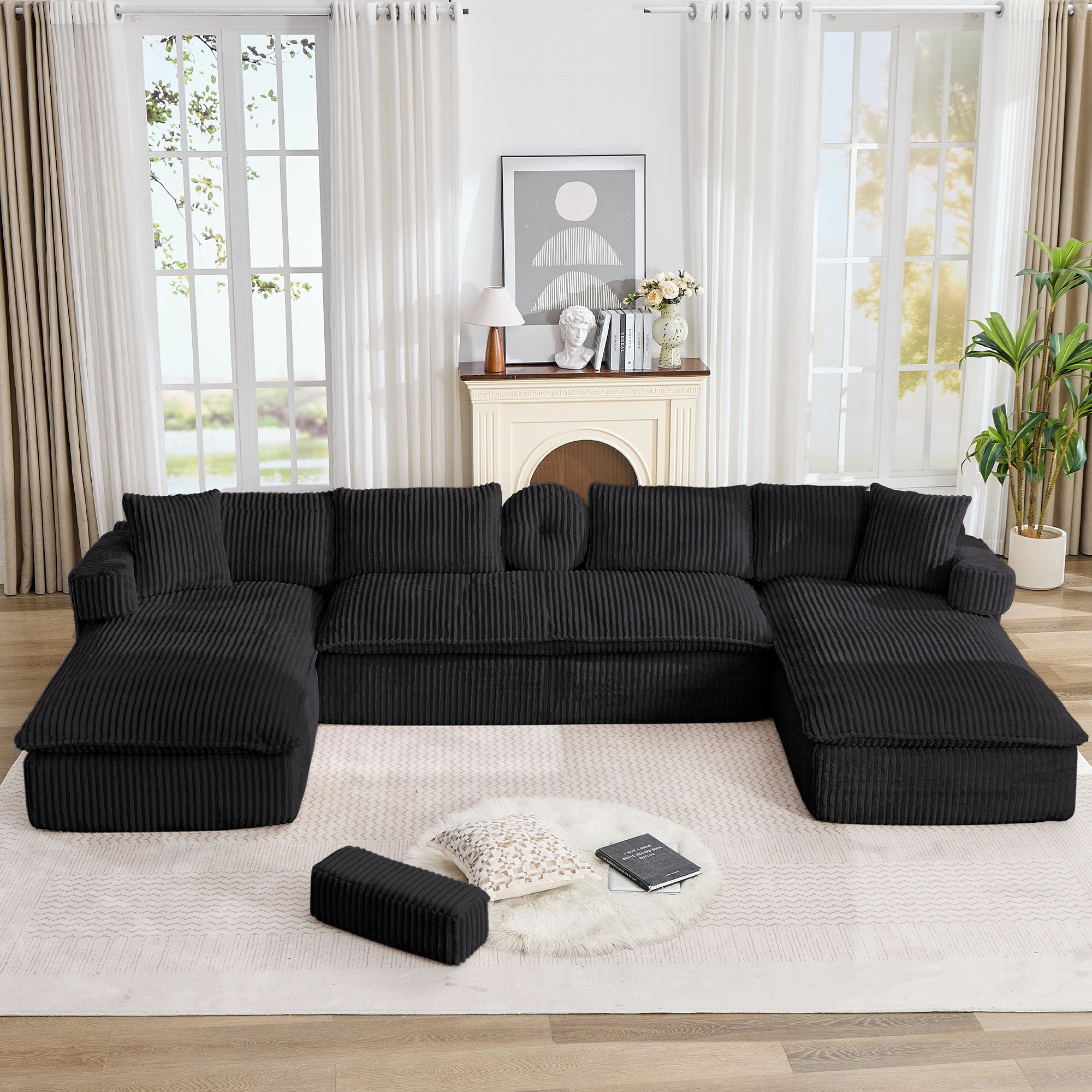 Howcool 149"W Oversized Modular Sectional Sofa,7-in-1 Corduroy U Shaped Sofa Couch with Double Chaise Lounge,Convertible Sleeper Sofa Bed,Deep Seat Cloud Couch for Living Room,Black