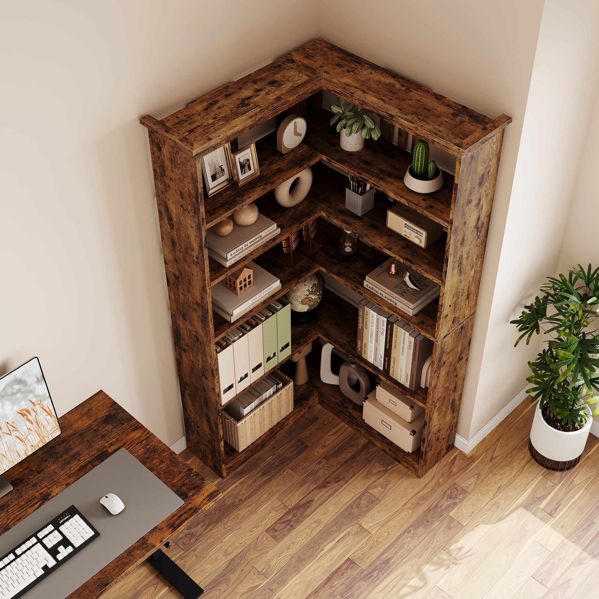 AOILE 72.8" Farmhouse Corner Bookshelf, 5-Tier L-Shaped Bookcase with Storage - Tall Display Shelf for Living Room, Office, Bedroom