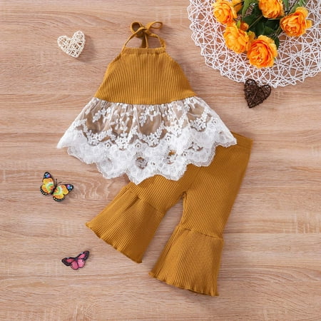 

XMMSWDLA Toddler Girl Clothes Baby Girls Suit Lace Sling Halter Nude Back Flared Pants Two Piece Set Deals Clearance