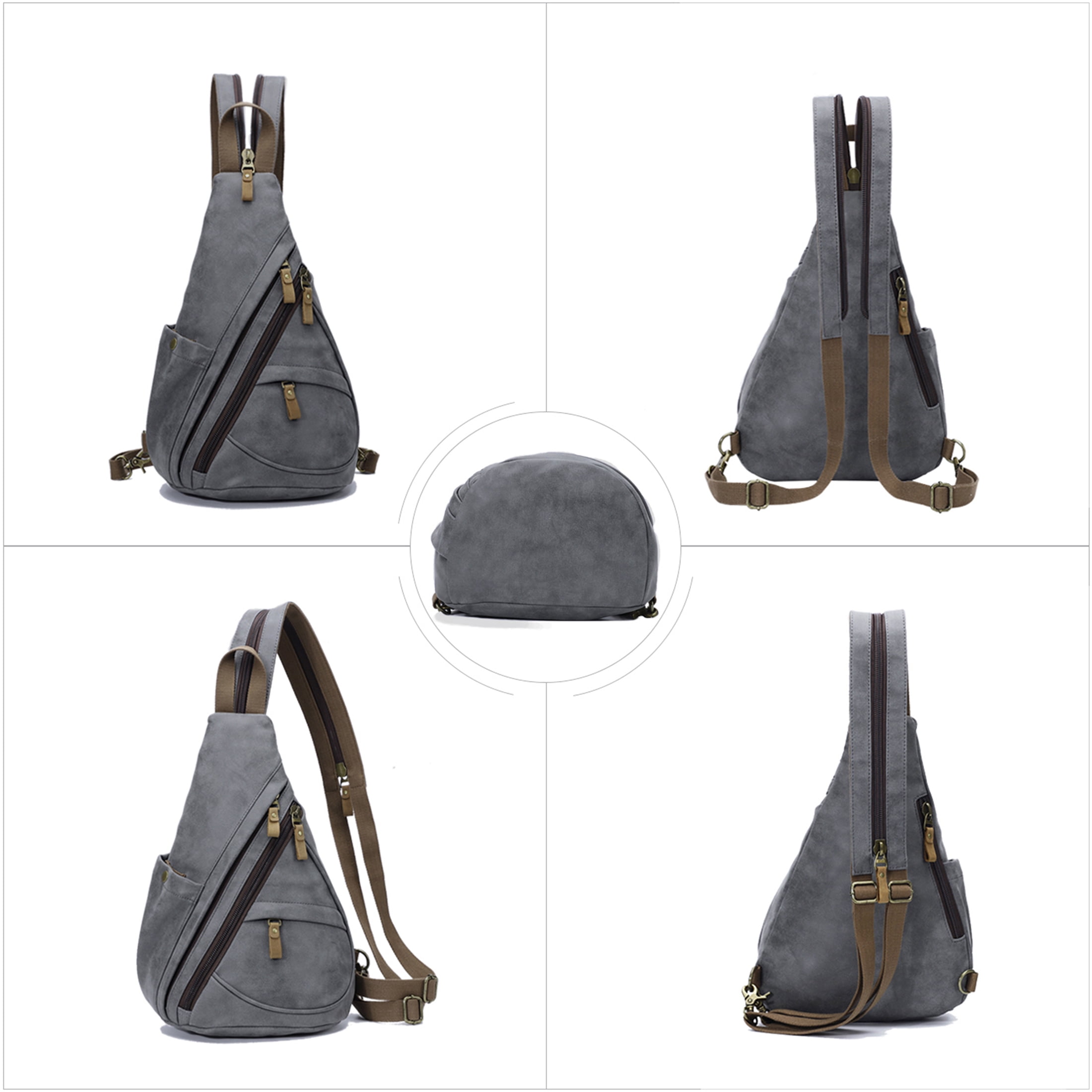 KL928 PU Leather Sling Bag Small Crossbody Backpack Shoulder Casual Daypack Rucksack for Men Women (D.Grey)