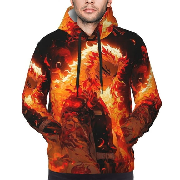 Casual Long Sleeves Sweatshirt Demon Slayer Rengoku Kyojuro Pullover Hoodie Active Sweater Tops for Men Women Teen 3X-Large