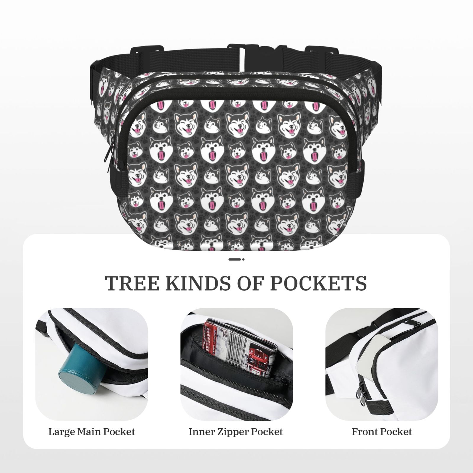 Hirioo Husky for Double Layer Waist Bag Adjustable Fanny Pack For Travel Running Hiking