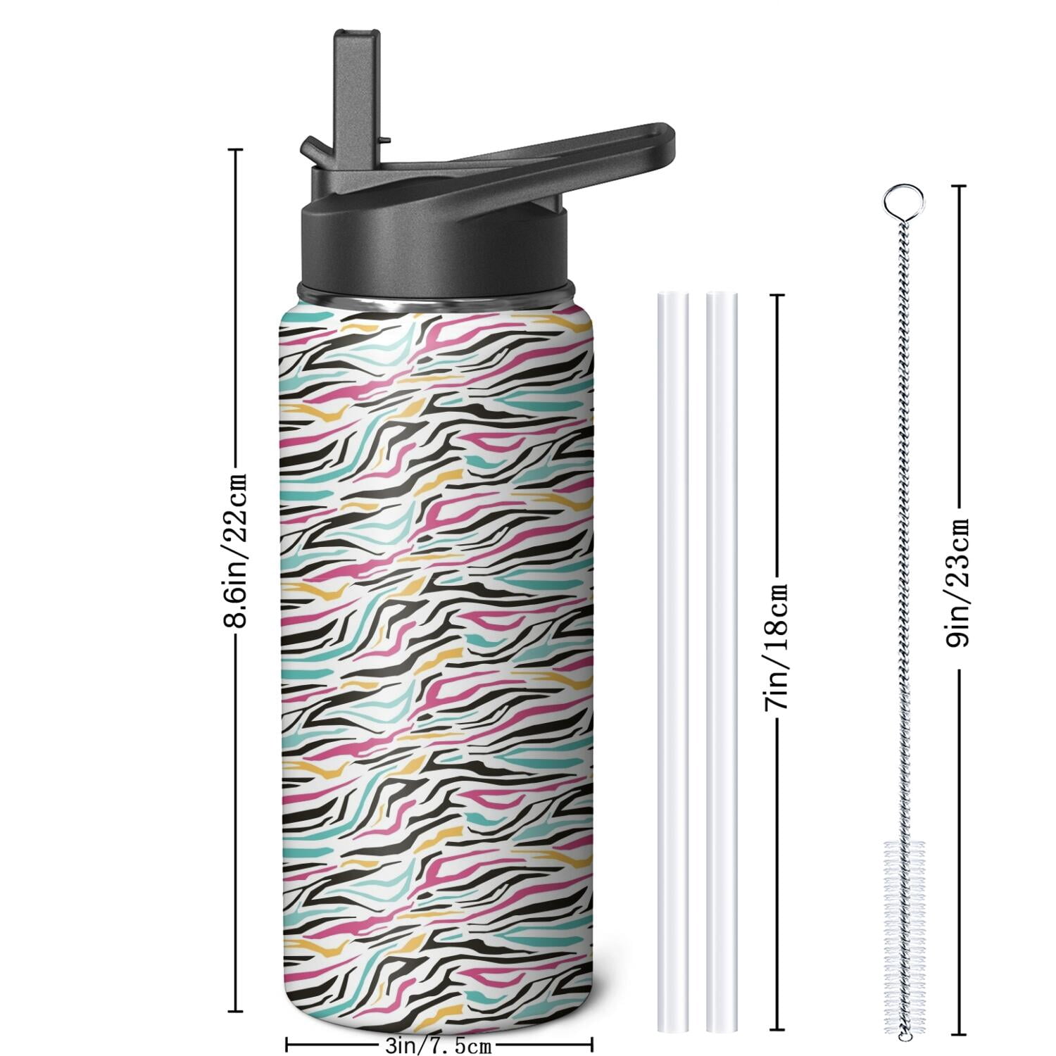 Leopard Print Insulated Stainless Steel Water Bottle with Straw & Cleaning Brush – 18 Oz | Leakproof, BPA-Free, 304 Stainless Steel, Wide Mouth, Travel Mug for Car, Gym, Office