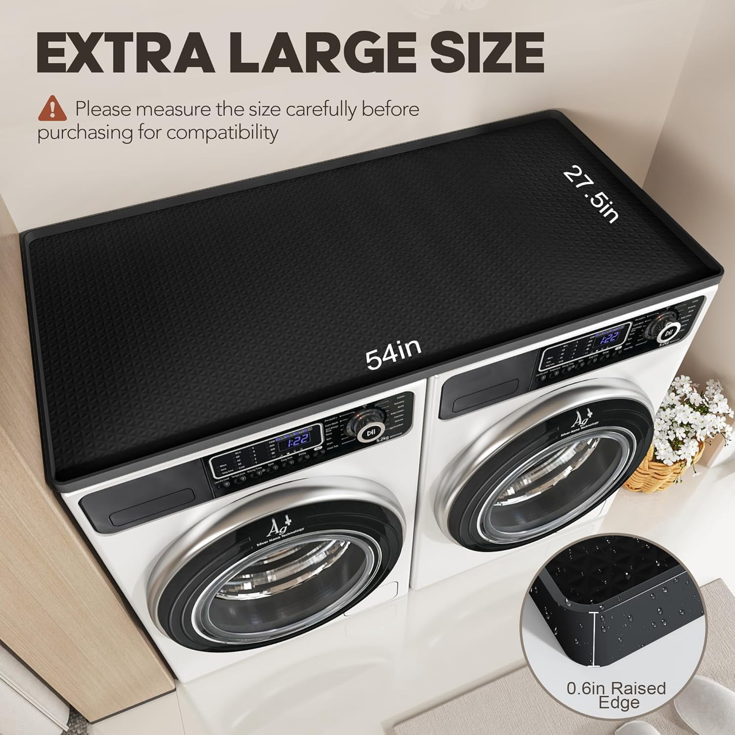 Washer Dryer Countertop, 54" x 27.5" Large Washer and Dryer Covers for The Top, Non-Slip Waterproof Silicone Dryer Top Protector Mat, Washer Dryer Topper for Laundry Room Kitchen Home（Black）