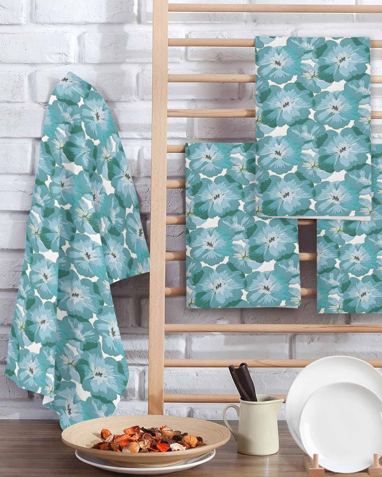 Summer Turquoise Flower Kitchen Dish Towels for Drying Dishes Set of 2, Spring Floral Botanical Rustic Waffle Weave Microfiber Terry Hand Tea Bathroom Towels Quick Dry & Absorbent Towel 15.7x23.6
