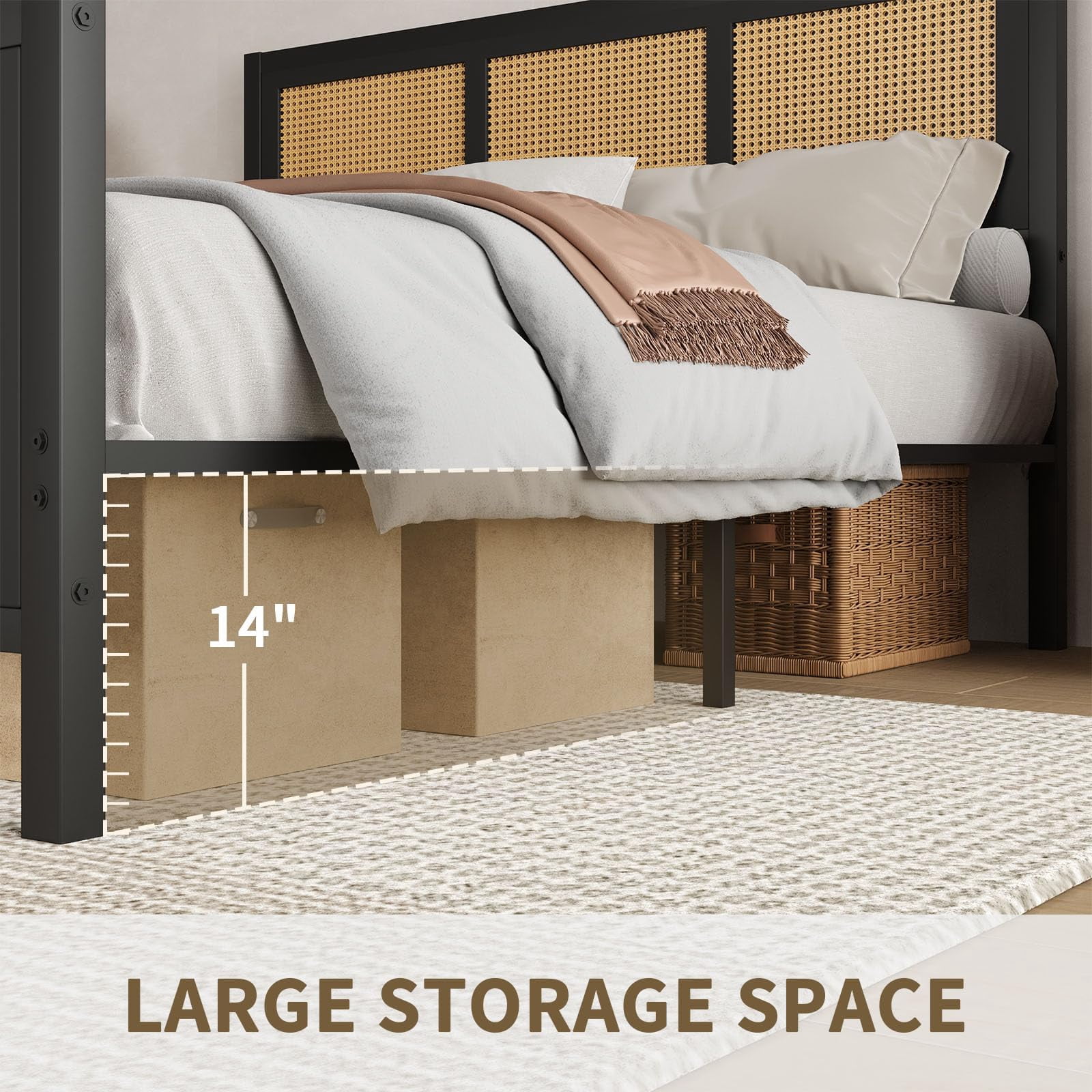 4 EVER WINNER Queen Bed Frame, Queen Size Bed Frame with Natural Rattan Headboard and Footboard, Rattan Bed Frame for Bedroom, No Box Spring Needed, Black