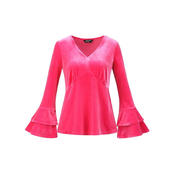 Blusa de terciopelo con cuello en V para mujer Rosa Caliente XL